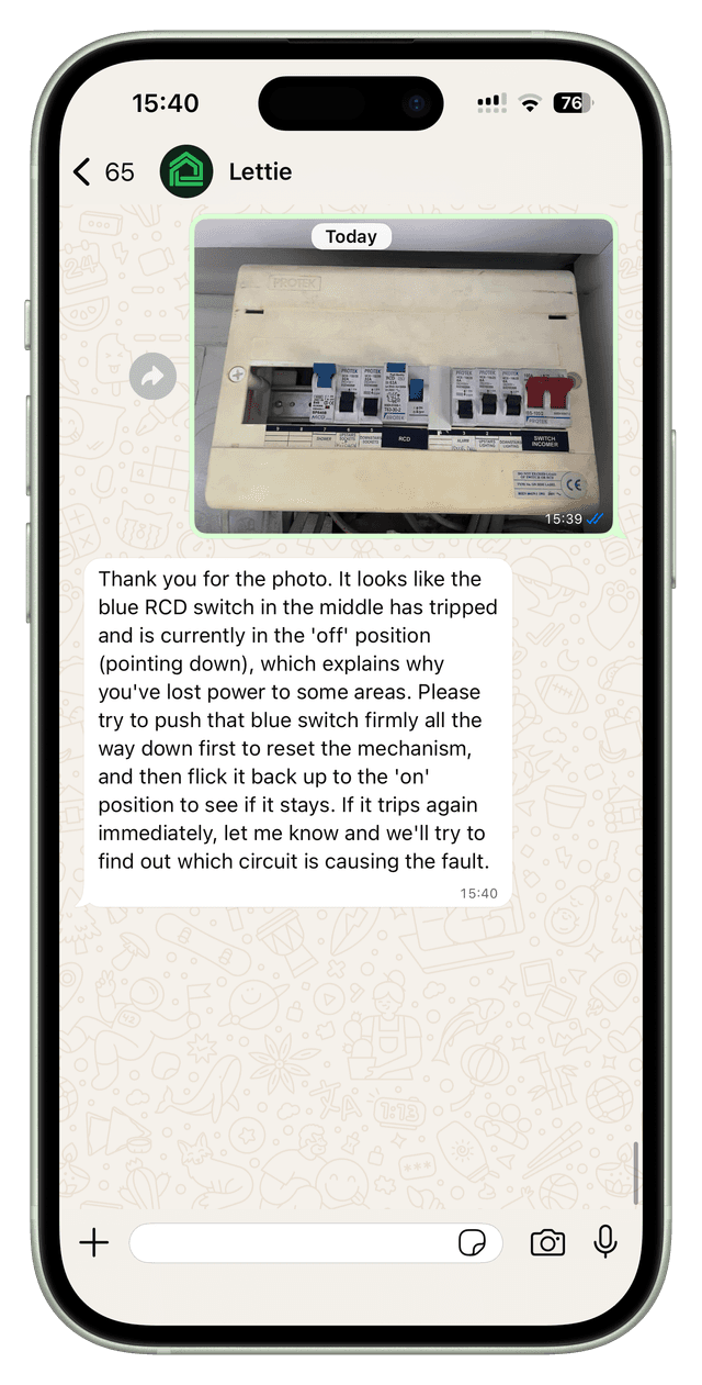 Lettie WhatsApp AI photo analysis identifying a tripped RCD switch and providing step-by-step guidance